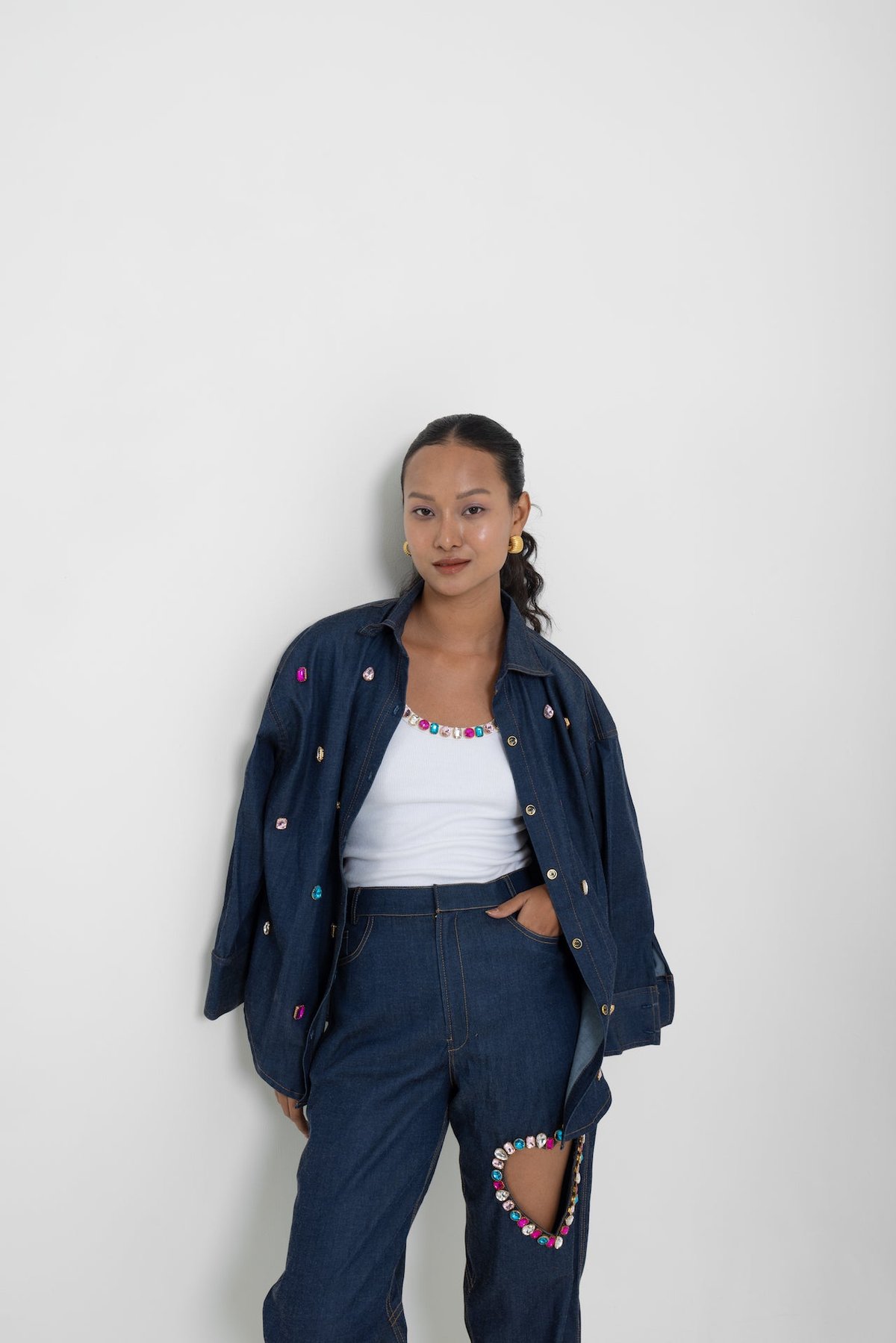 Blue Denim Gemstone Embellished Shirt