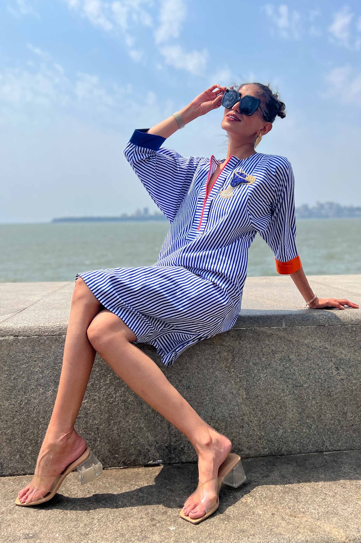 Blue and White Striped Midi Dress with Neon Zipper Detail