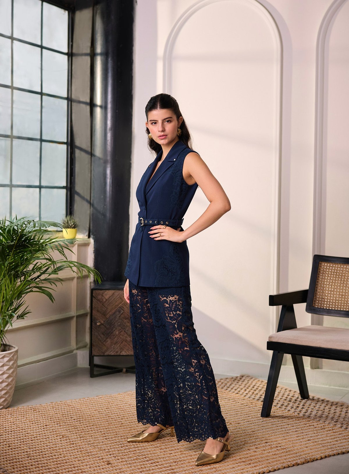 Navy Sleeveless Blazer and Wide-Leg Pants Co-ord Set