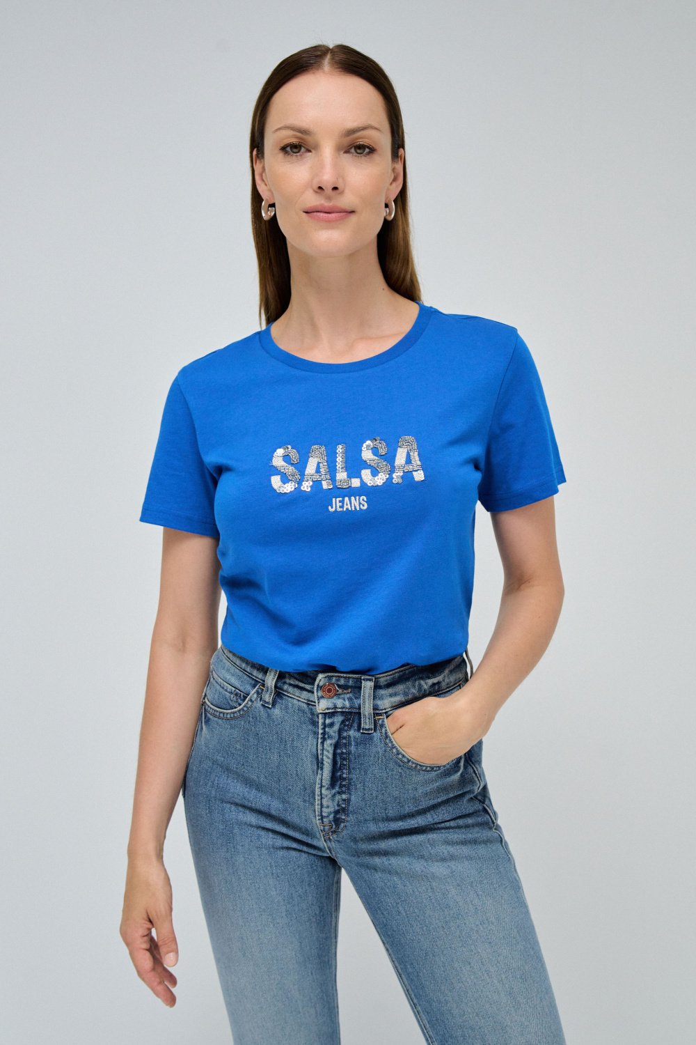 Dark Blue Logo T-Shirt with Shiny Bead Detail