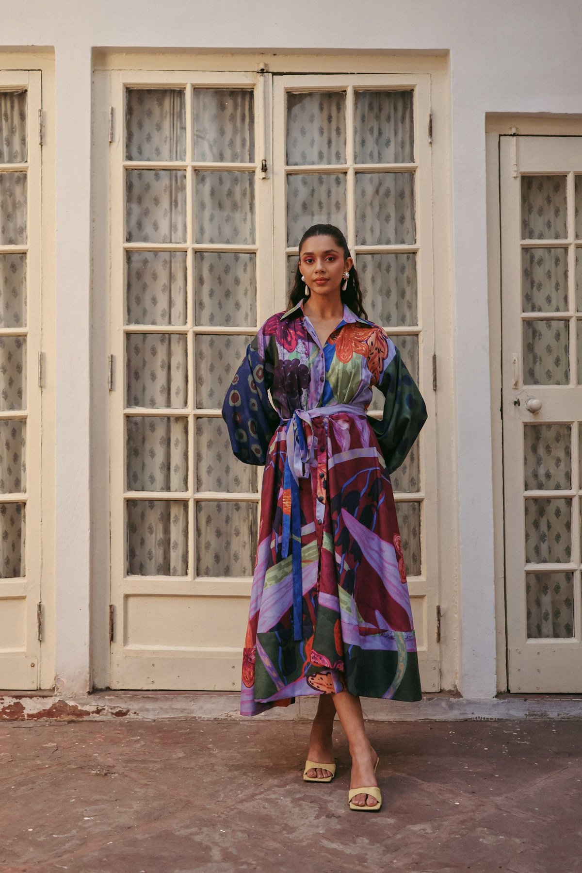 Multicolor Linen Printed Maxi Shirt Dress with Waist Tie