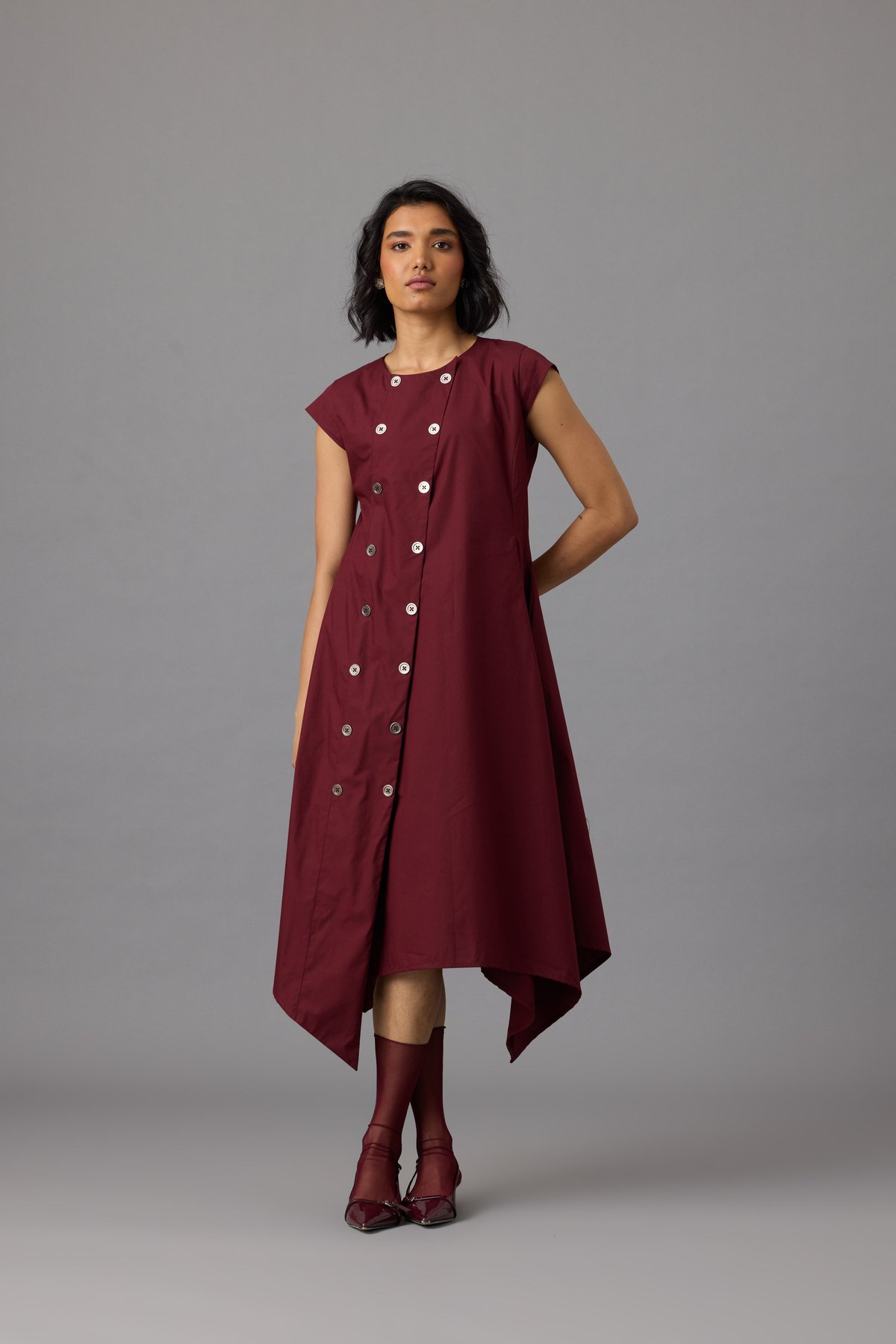 Burgundy A-Line Midi Dress with Diagonal Button Detail