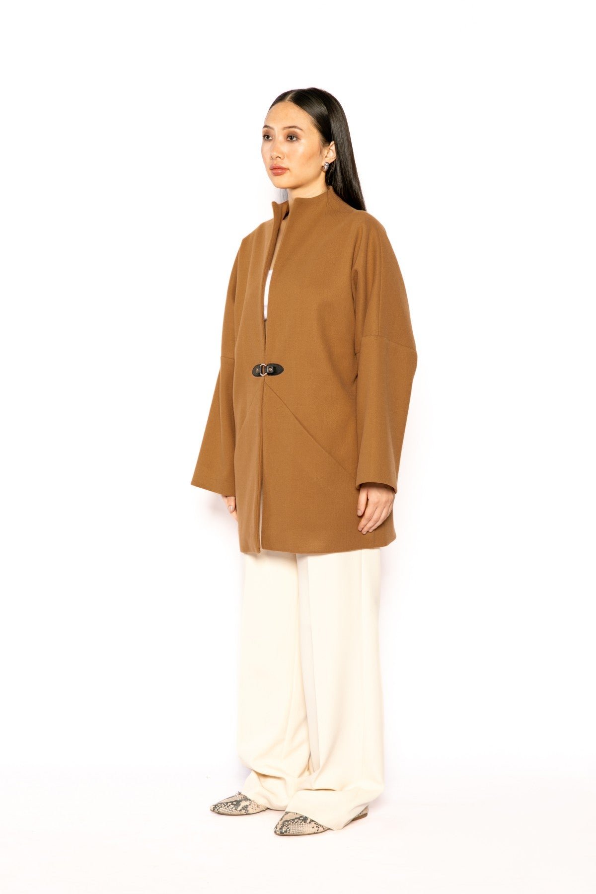 Brown Cashmere Wool Boxy Longline Jacket with Buckle
