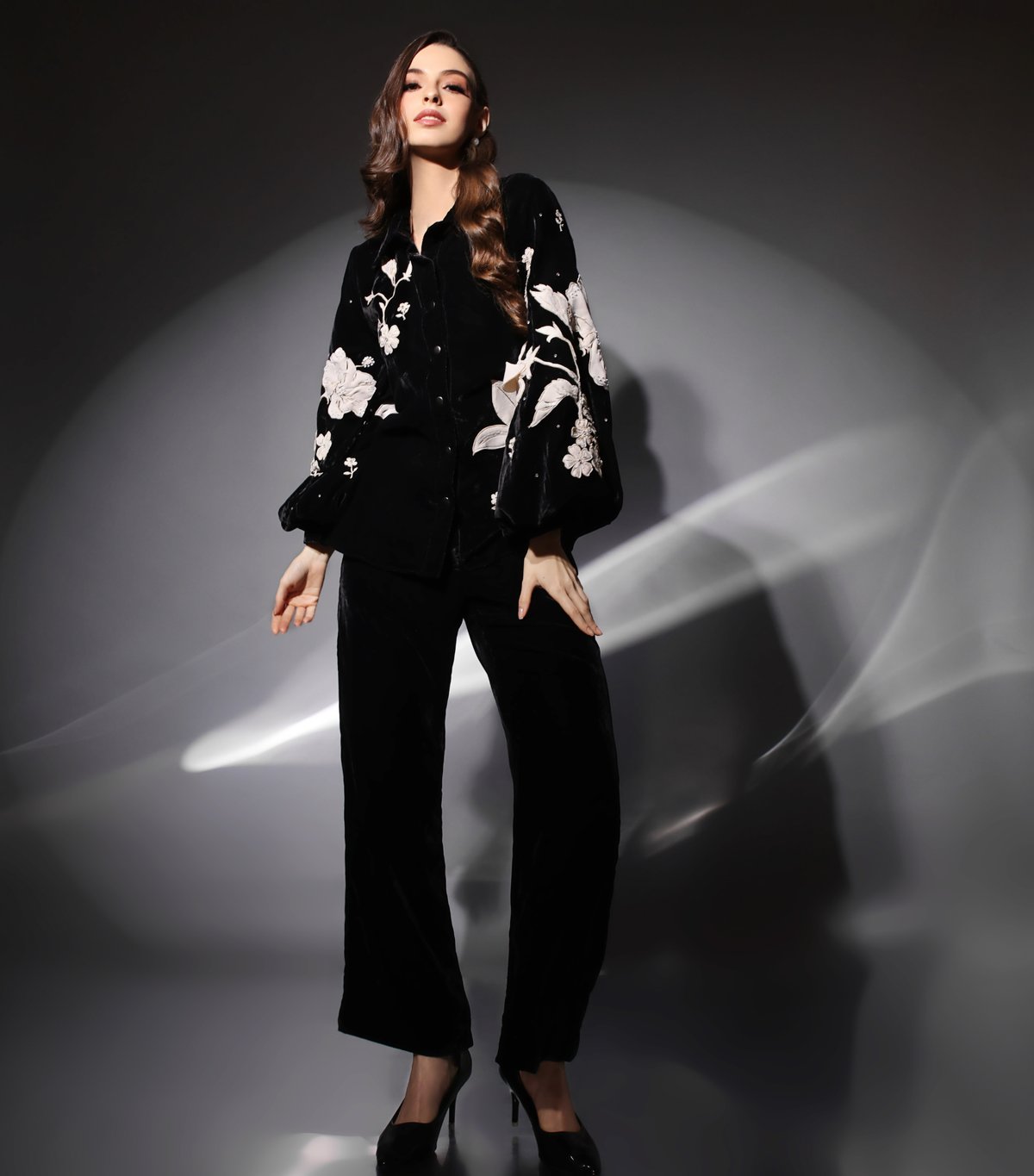 Black Velvet Floral Applique Co-ord Set