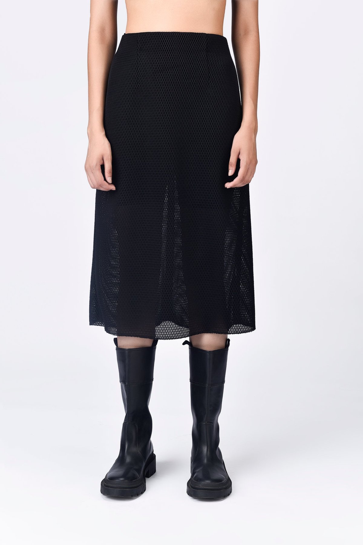 Black Straight-Fit Poly Mesh Midi Skirt