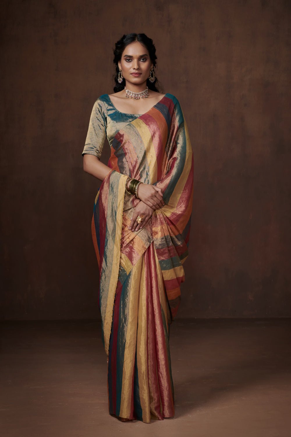 Multi-coloured Striped Chanderi Tissue Saree with Zari Sheen