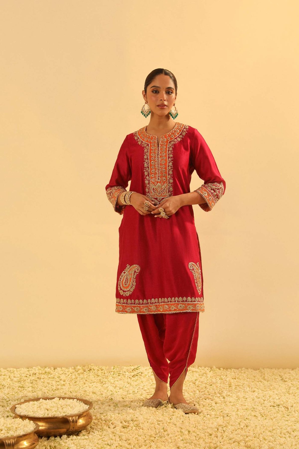 Hot Pink Embroidered Straight Kurta and Dhoti Set