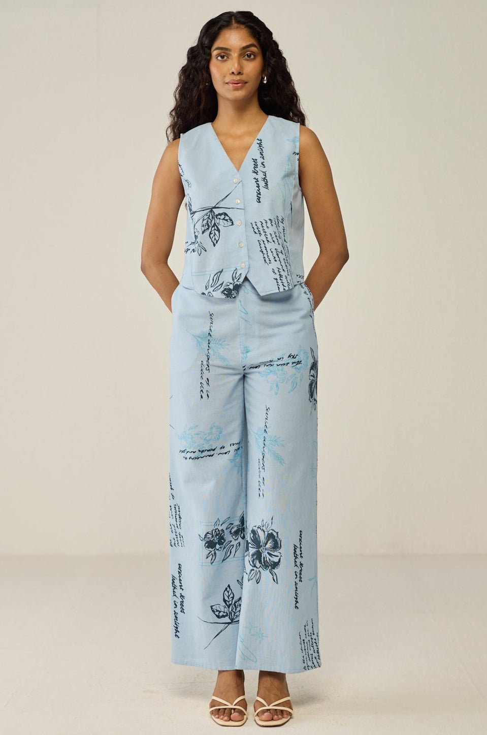 Blue Floral Print Vest And Trouser Co-ord Set
