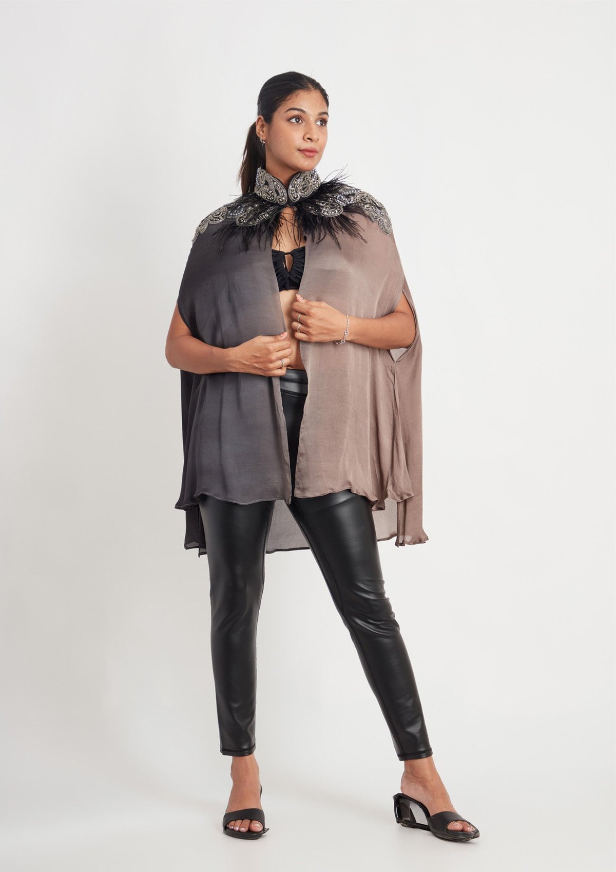 Black/Grey Satin Shaded Cape with Bead and Feather Work