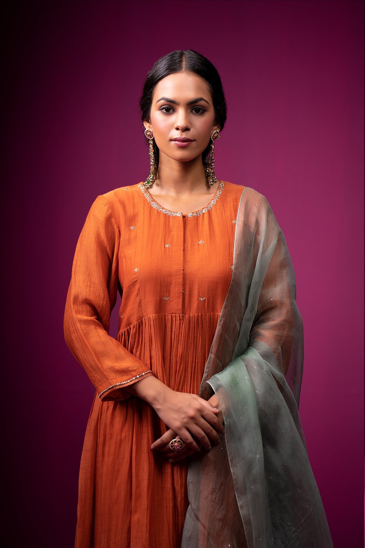 Burnt Orange Silk Chanderi Embroidered Kurta Set