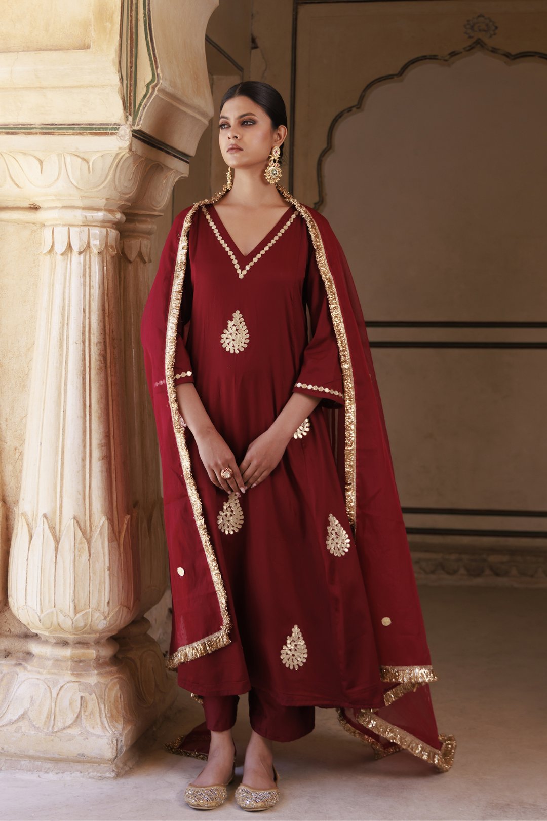 Maroon Cotton Silk Gota Patti Work Anarkali Set