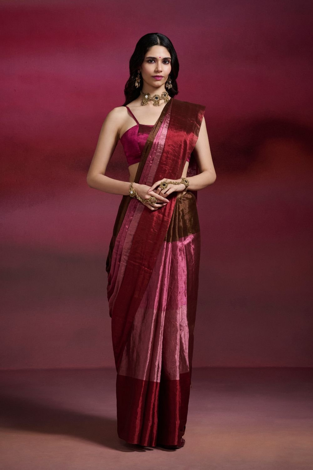 Multicolour Metallic Tissue Colorblock Saree