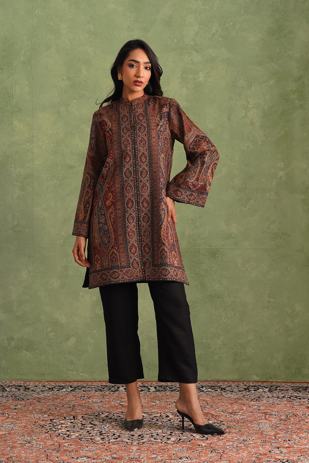 Multicolor Paisley Print Wool-Blend Kurta Set with Pants