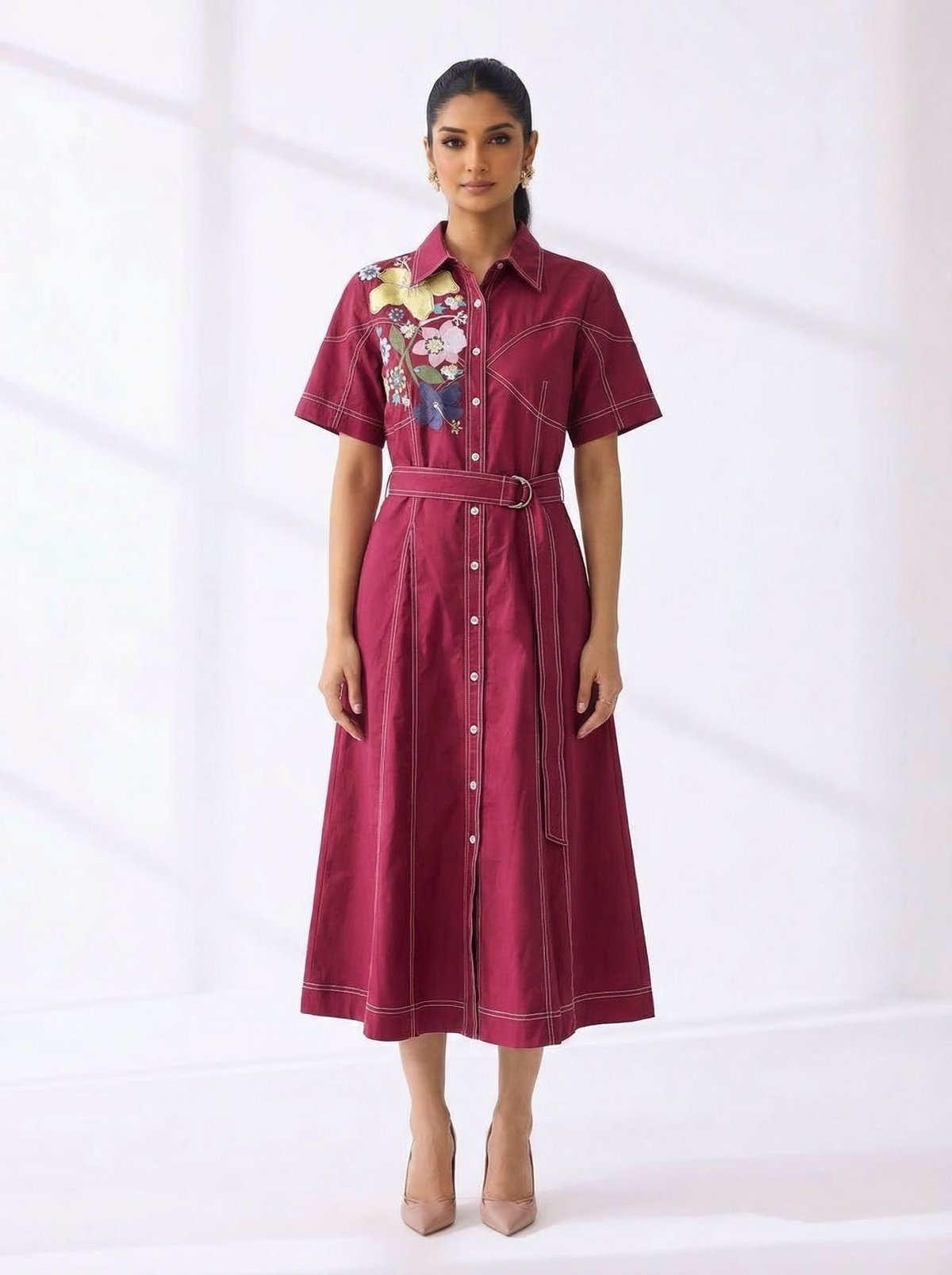 Red Belted Midi Shirt Dress with Embroidered Detail