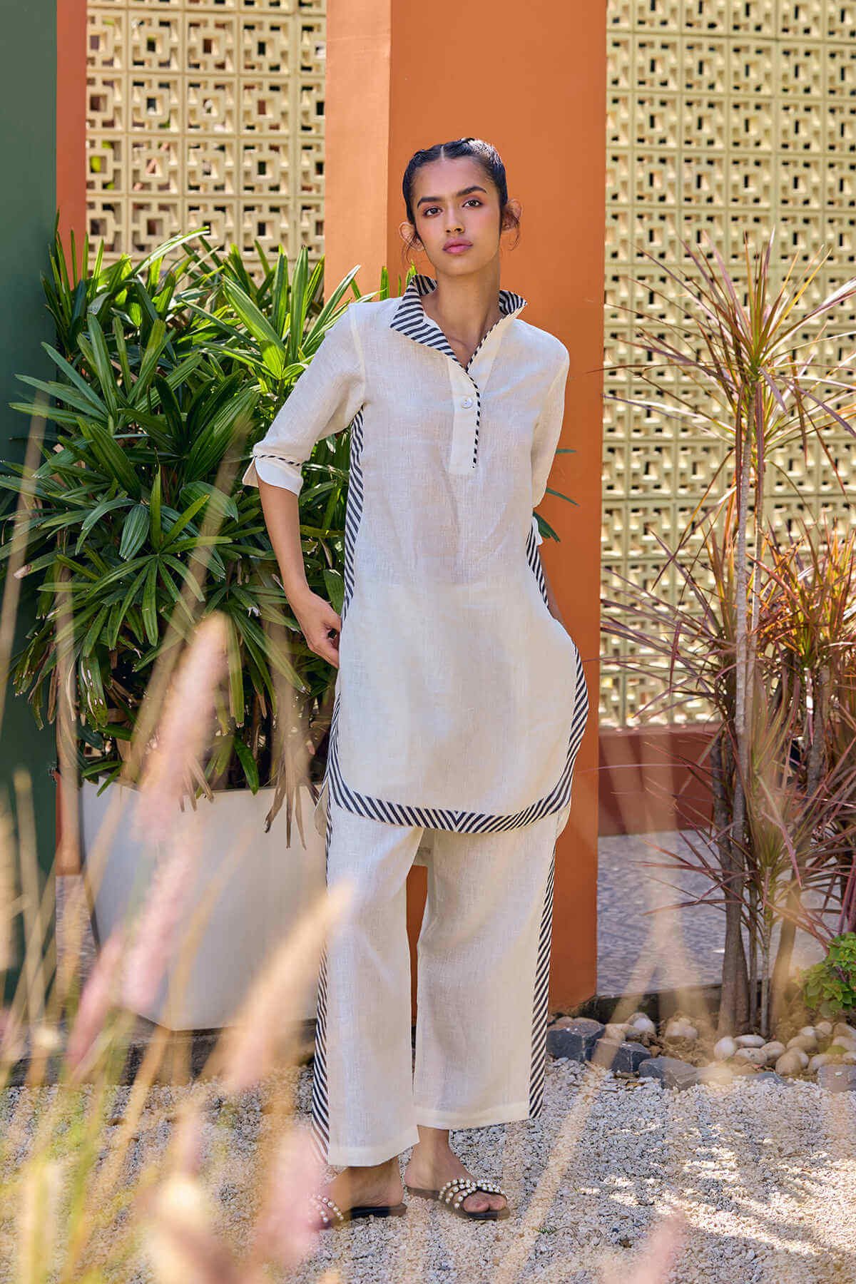 Off White Linen Kurti and Wide-Leg Pants Co-ord Set
