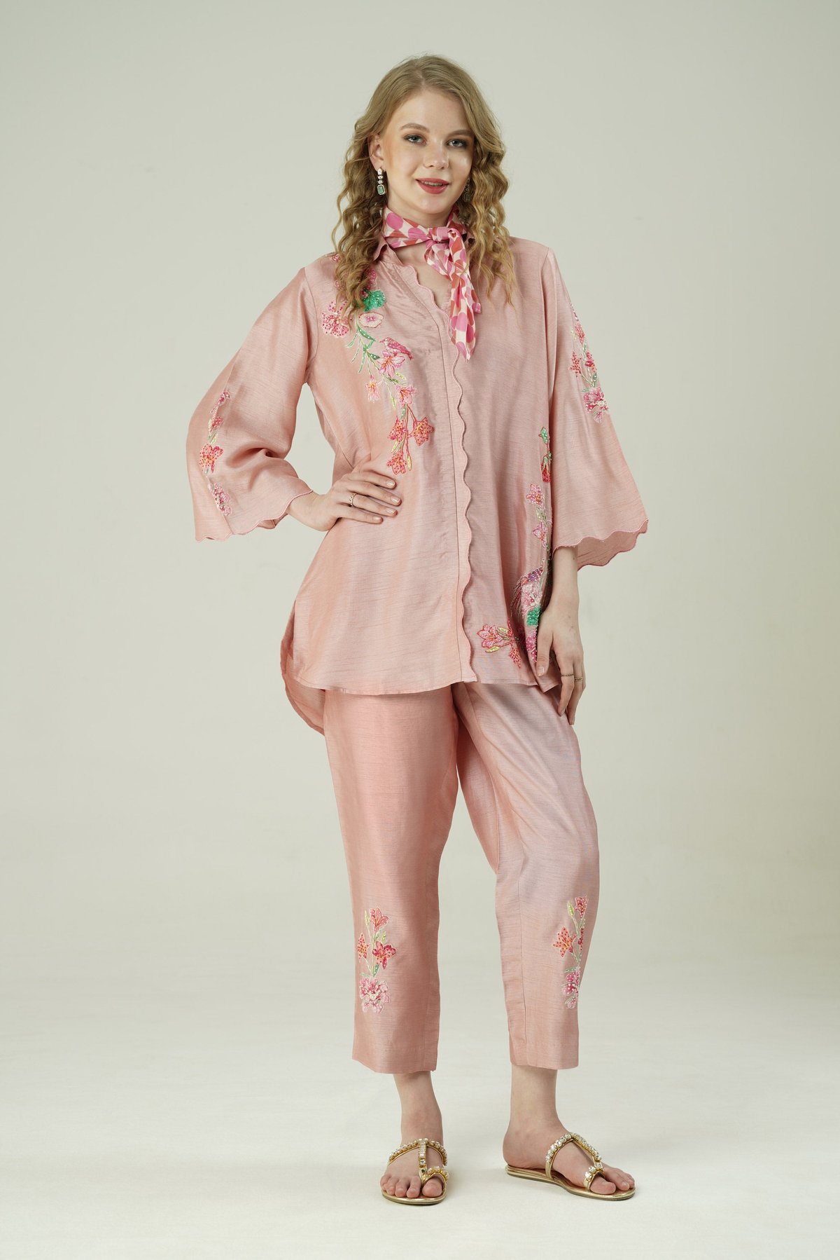 Onion Pink Embroidered Kurta and Pants Co-ord Set