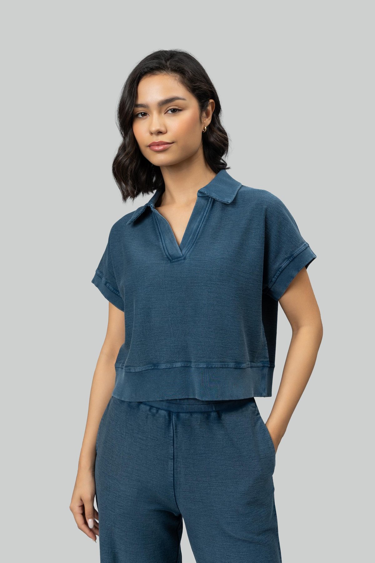 Blue Textured Terry Cropped Polo Tee