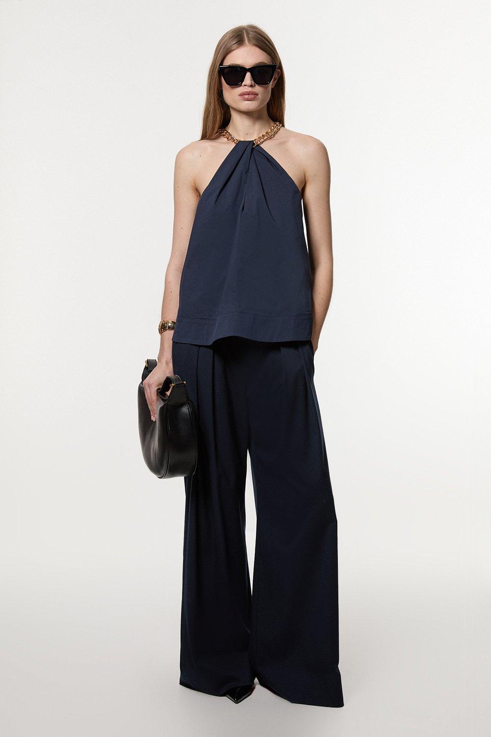 Navy Cotton Poplin Chain Halter Neck Top