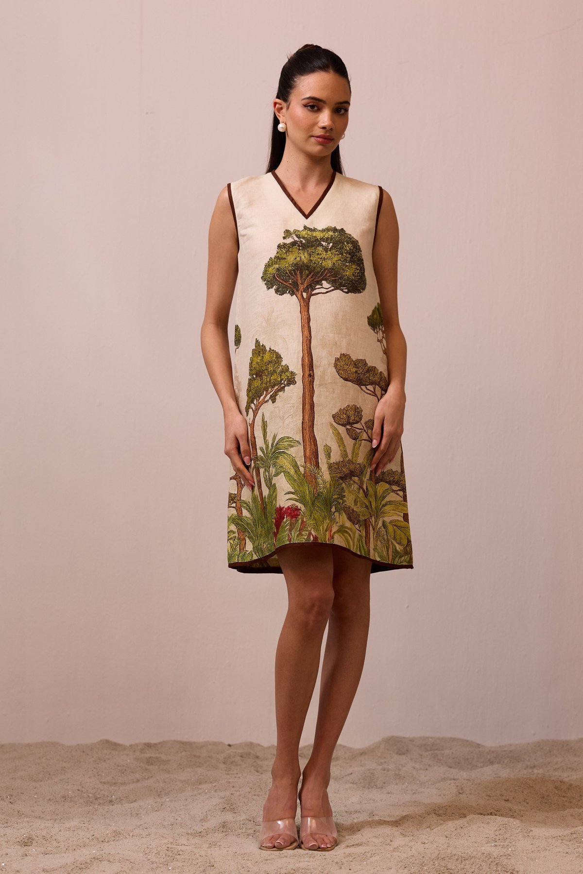Apricot Linen Tree Print Knee-Length A-Line Dress