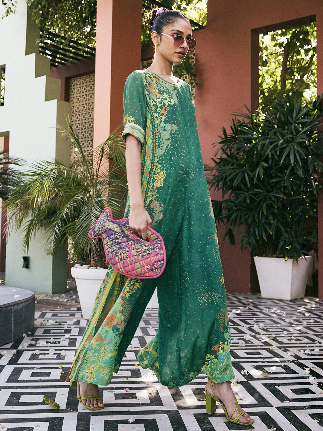 Green Printed Comfort-Fit Wide-Leg Jumpsuit