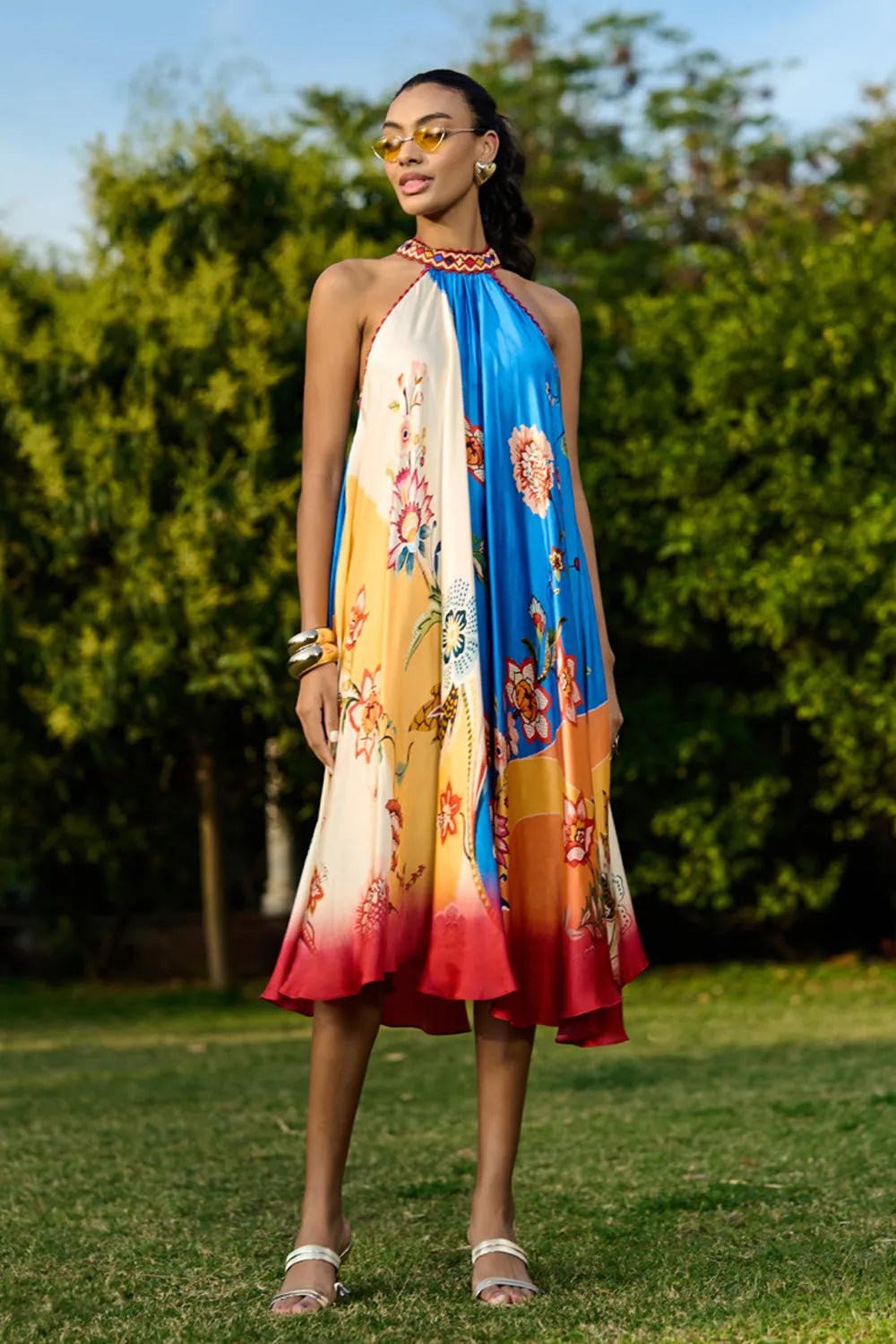 Multicolour Satin Halter Neck Floral Midi Dress