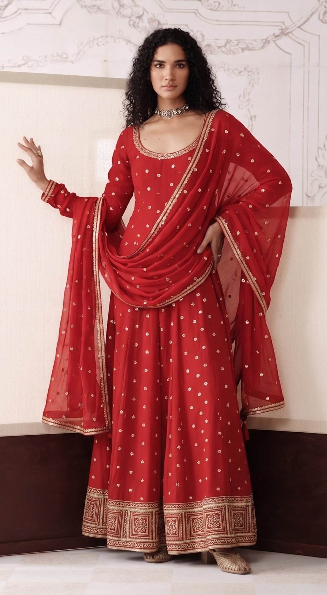 Red Viscose Georgette Anarkali Set With Dupatta