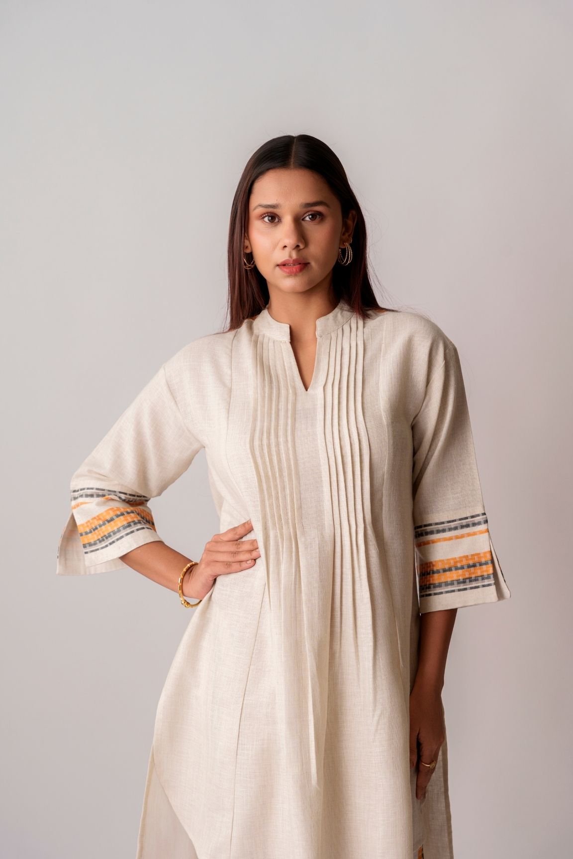Cream & Mustard Handwoven Striped Cotton Kurta
