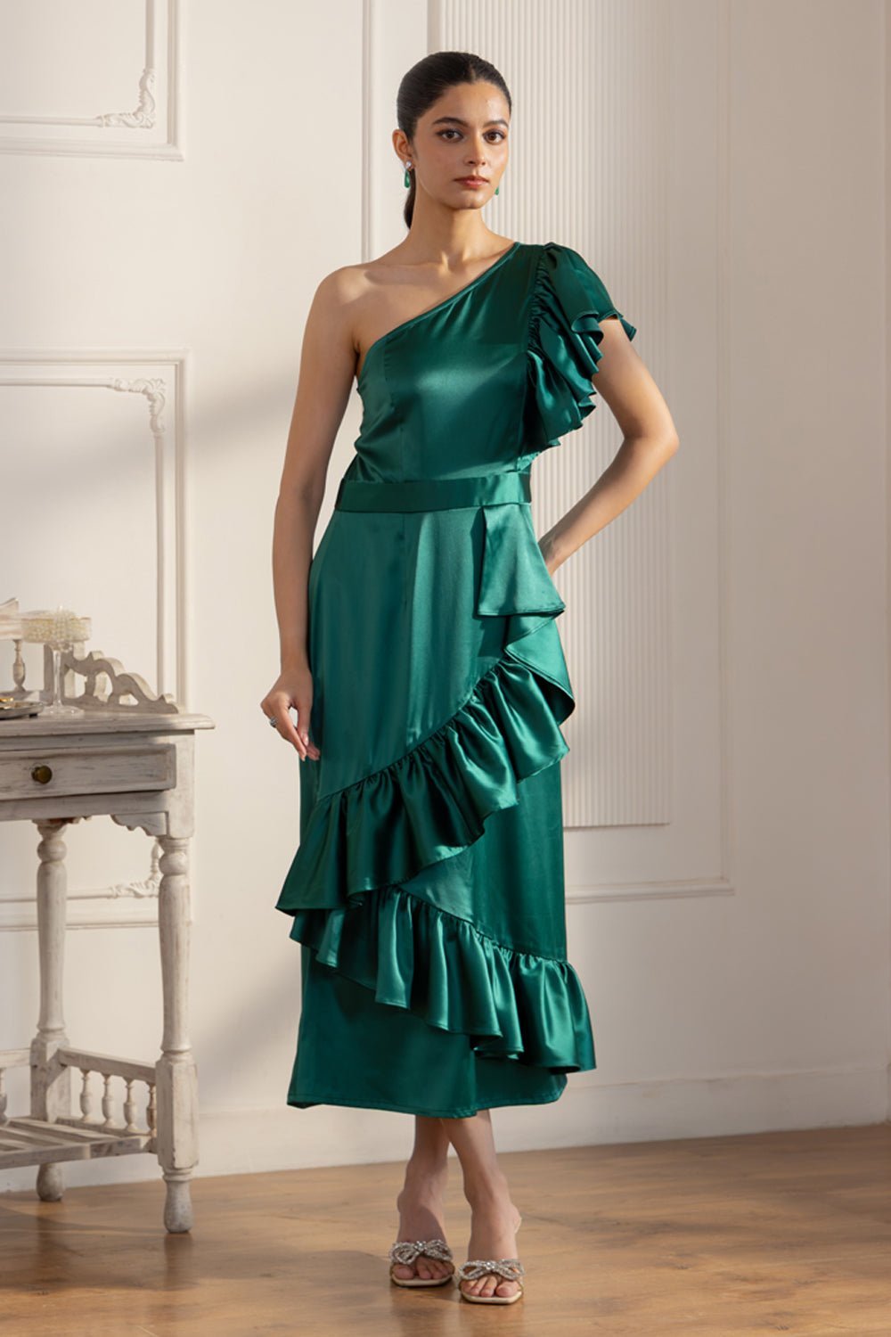 Emerald Green Ruffled Shoulder Midi Dress
