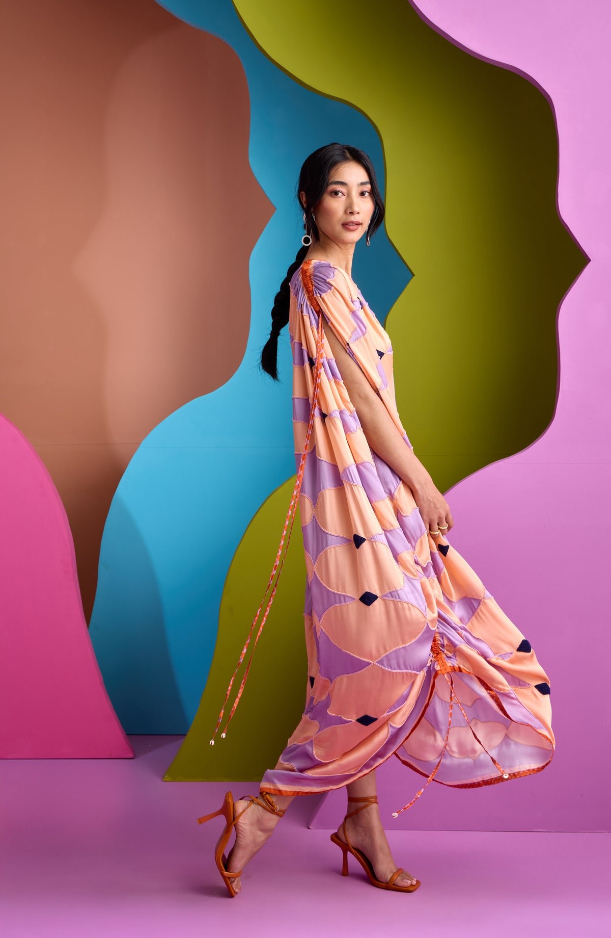Peach Lilac One-Shoulder Printed Maxi Kaftan Dress