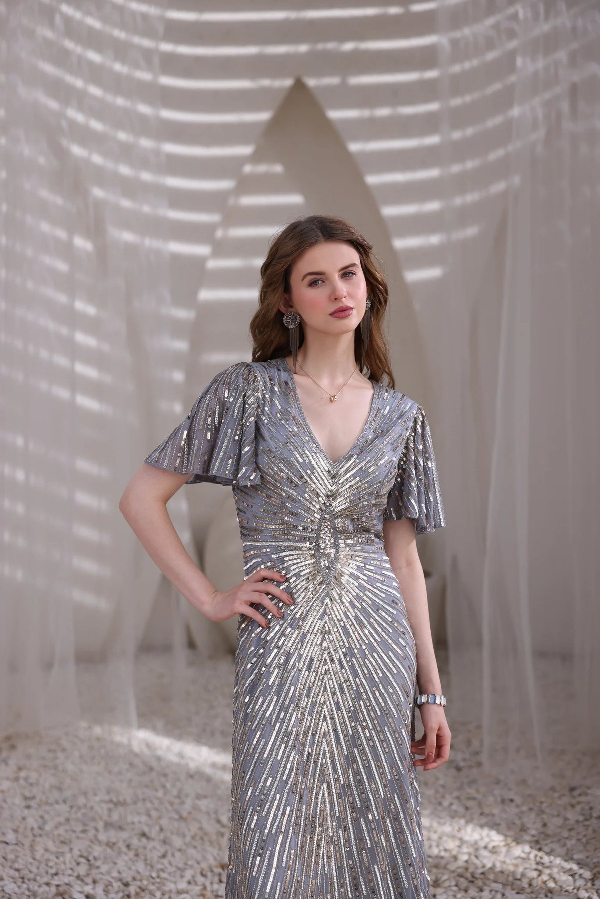 Grey Silver Hand-Beaded Sequin Maxi Gown