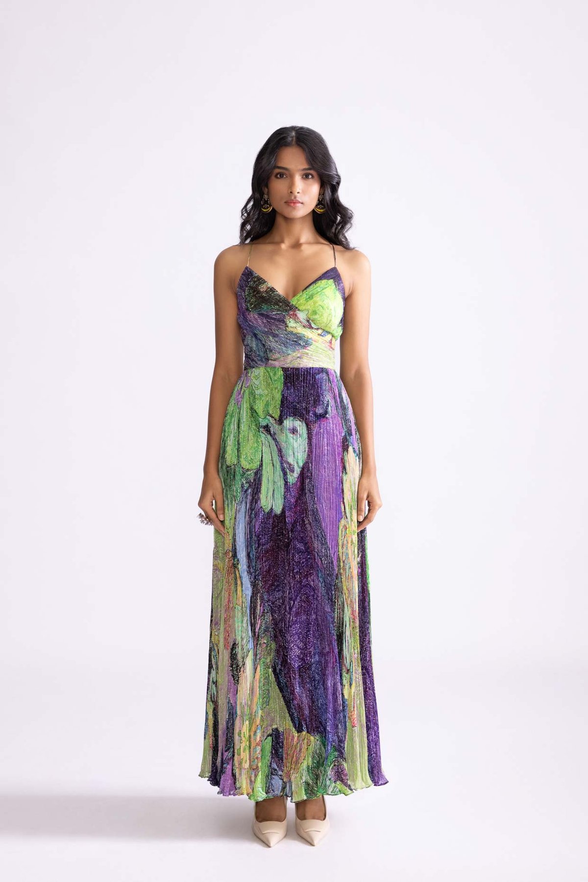 Green Purple Daisy Print Micro-Pleat Chiffon Maxi Dress