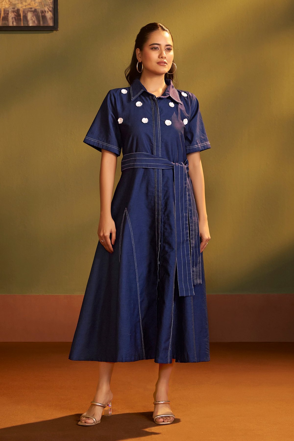 Blue Denim Belted Shirt Midi Dress with Contrast Stitching