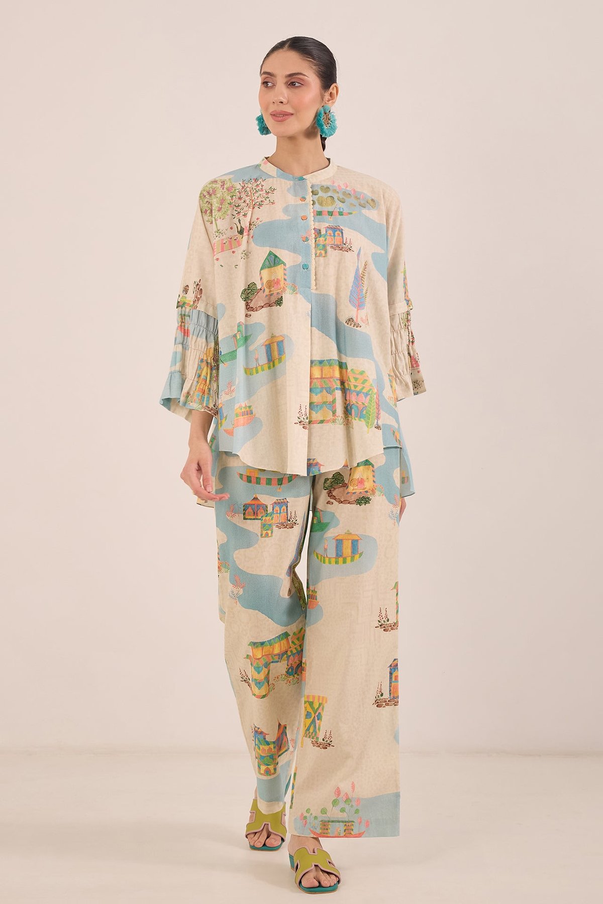 Cream Printed Tunic and Wide-Leg Pants Co-ord Set