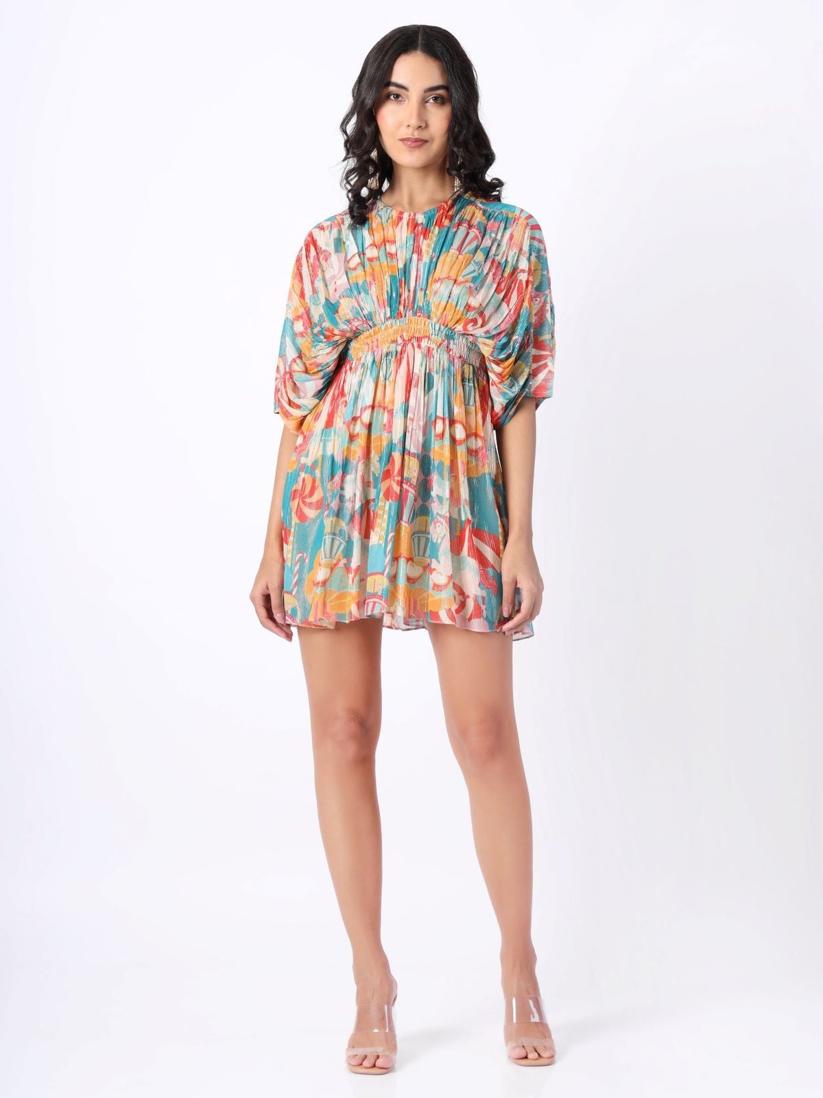 Multicolor Shimmer Kaftan Mini Dress