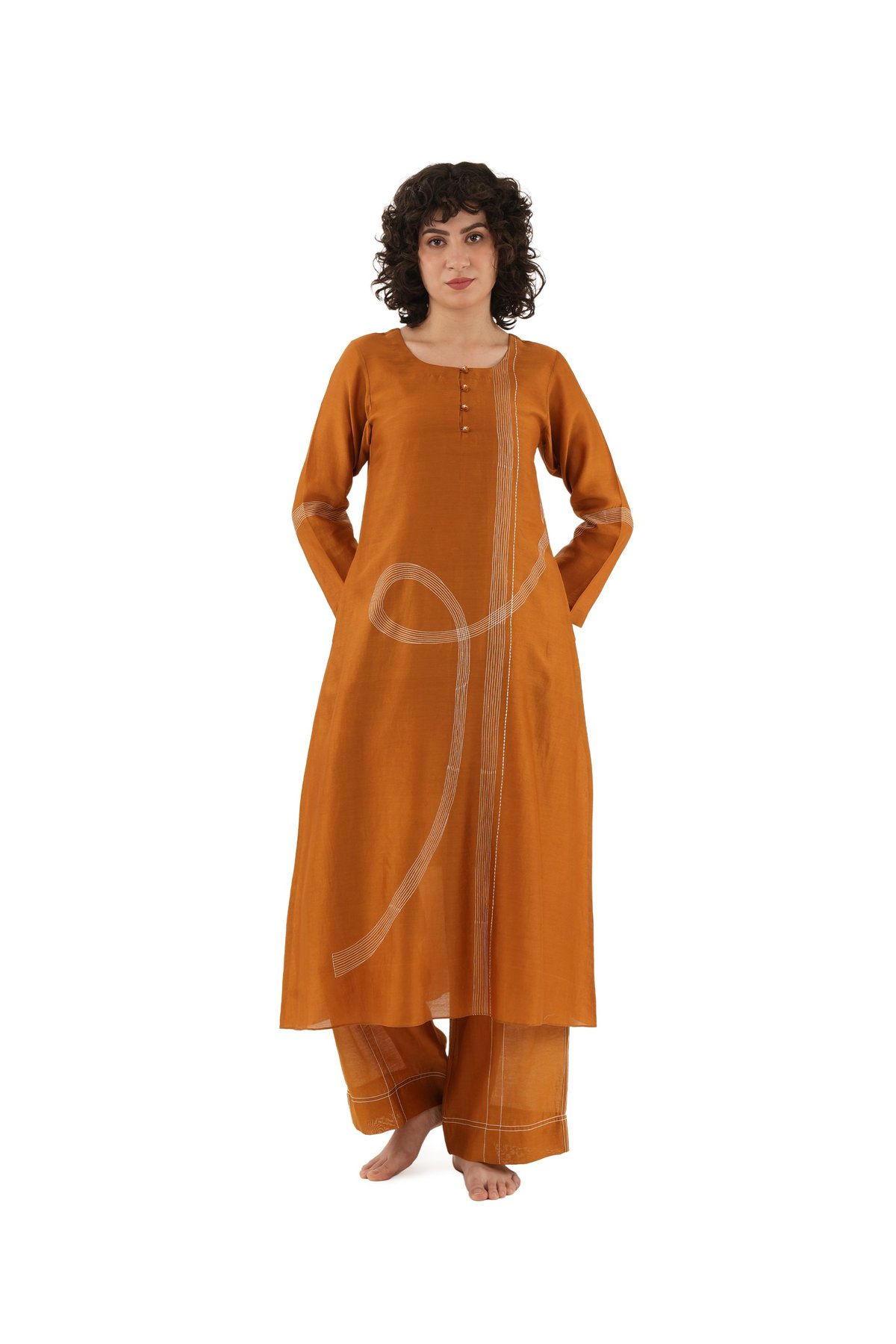 Rust Chanderi Silk Straight Kurta and Wide-Leg Pant Set