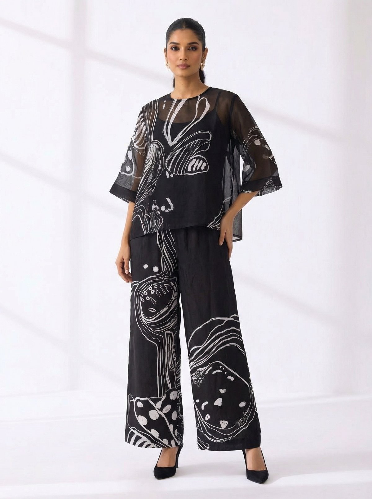 Black Sheer Abstract Print Co-ord Set with Palazzos