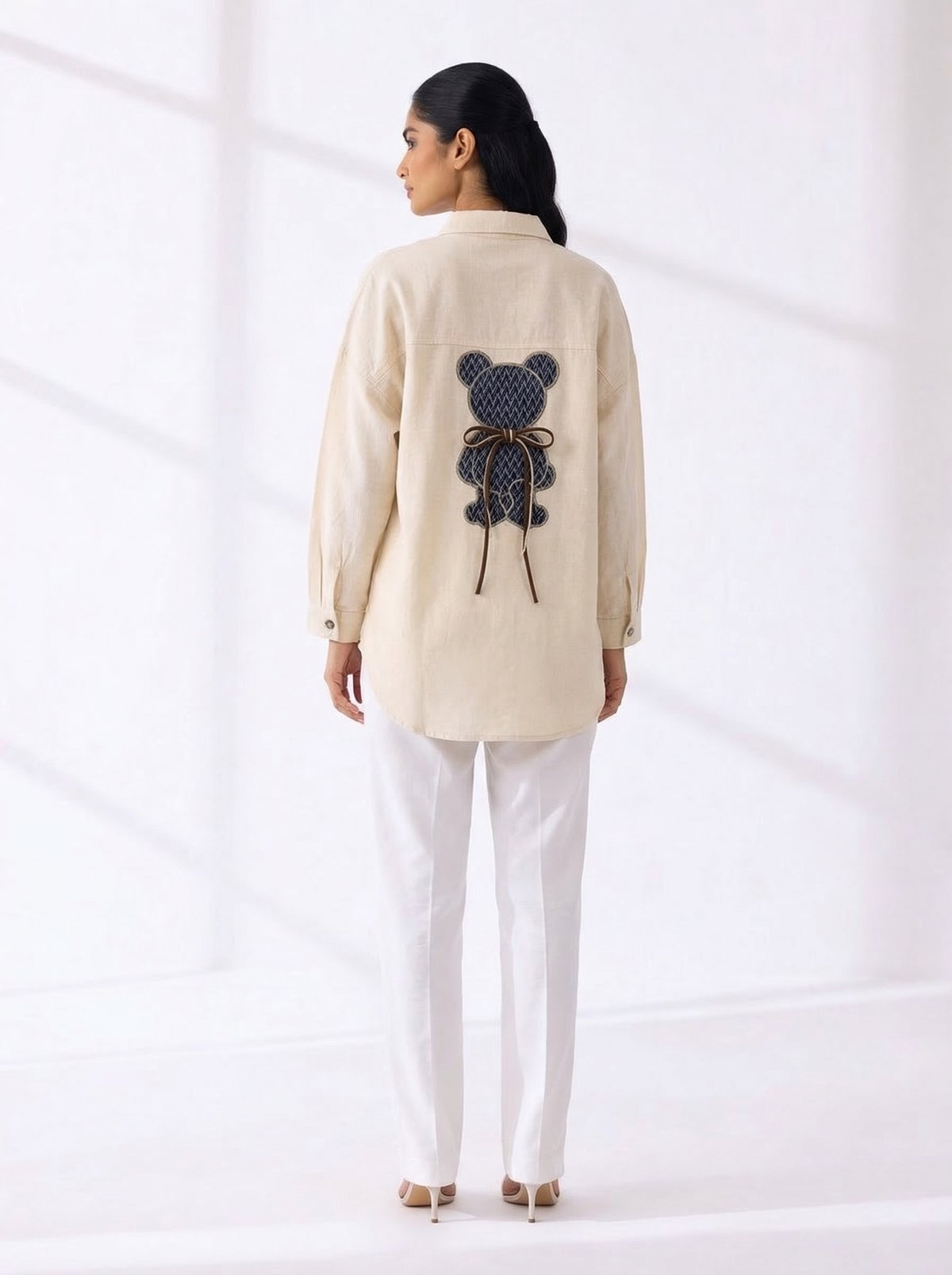 Ivory Longline Button-Down Shirt with Graphic Back Detail