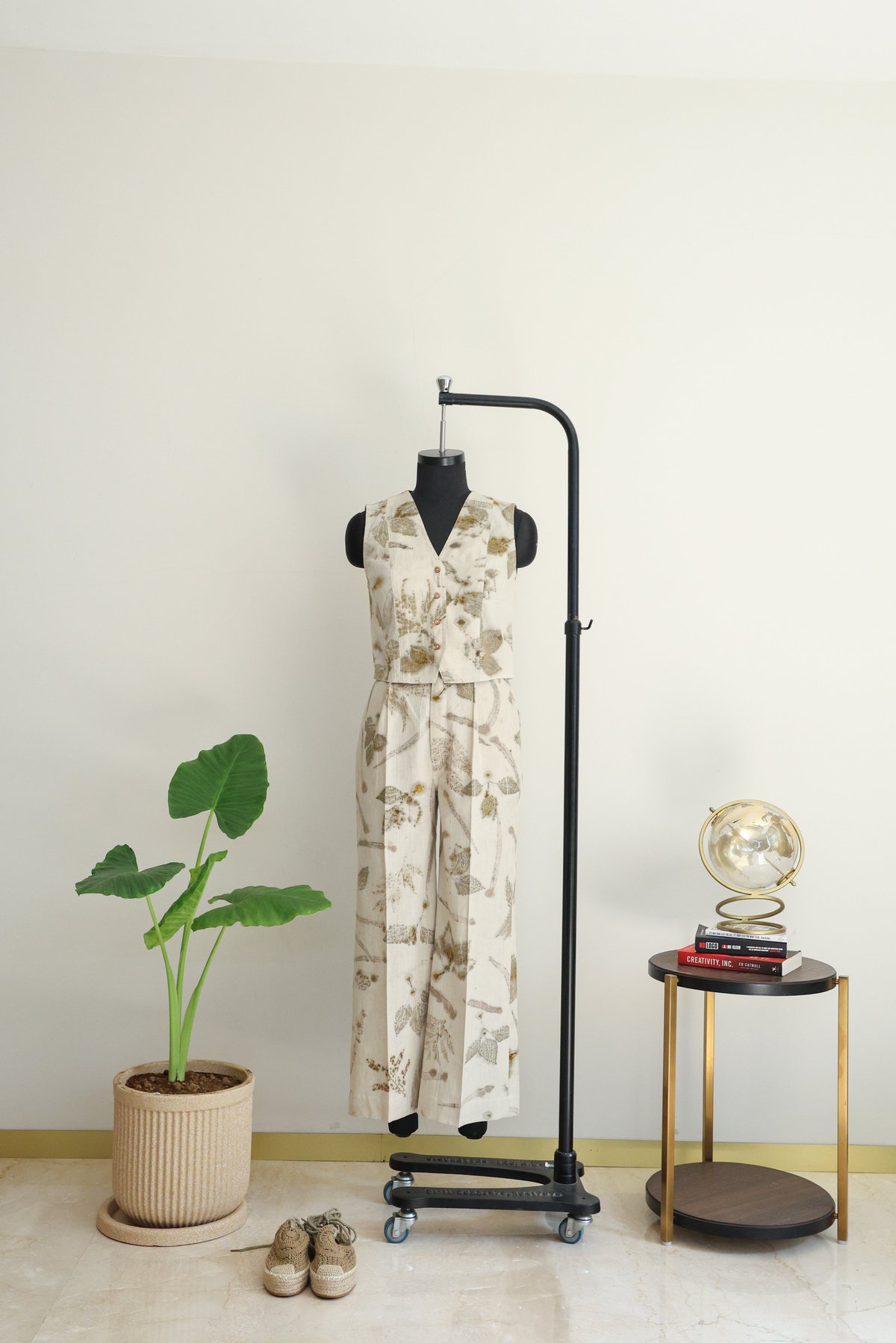 Beige Leaf Print Vest and Straight Pants Co-ord Set