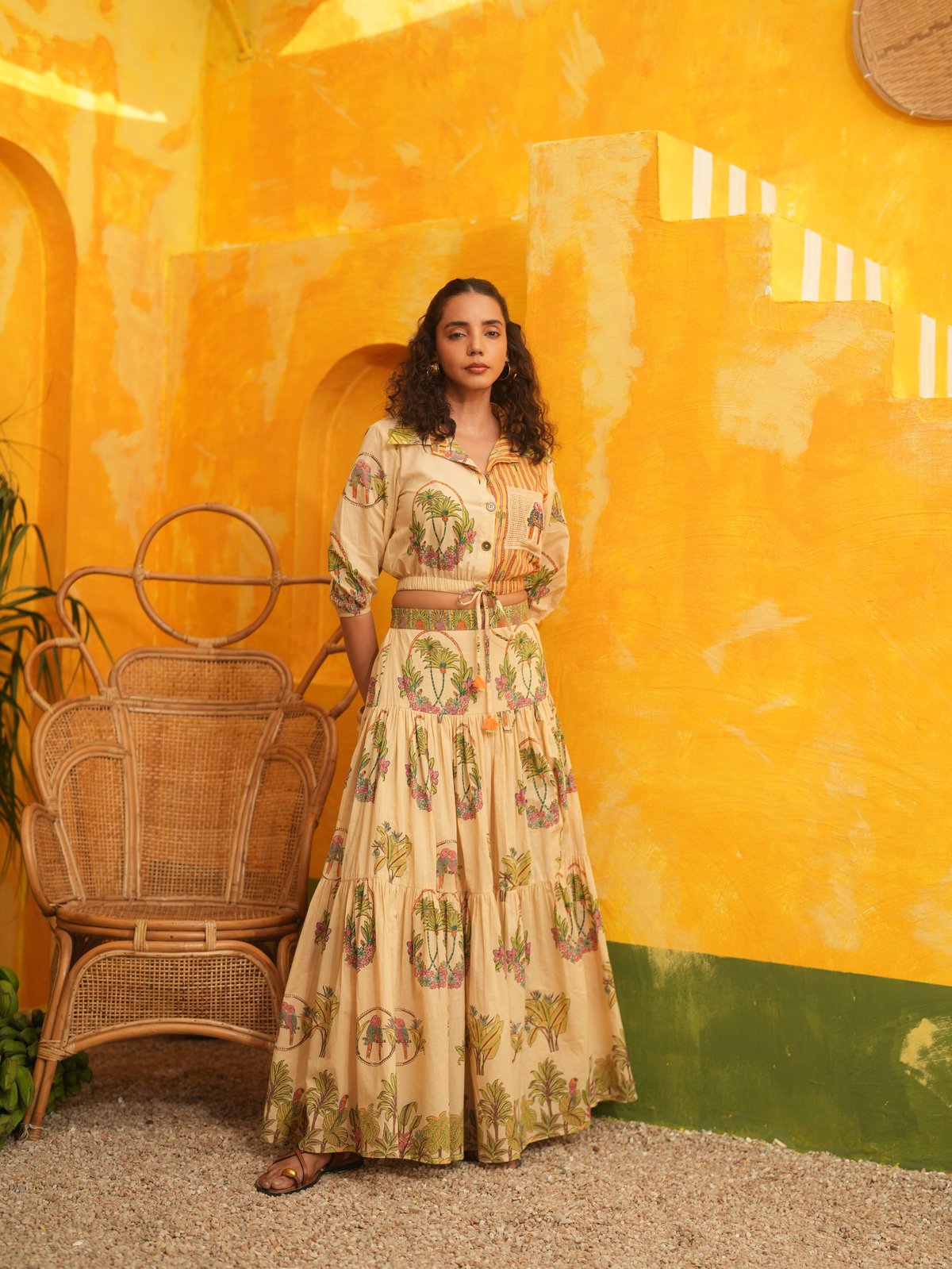 Coral Peach Printed Cotton Shirt and Maxi Skirt Co-ord Set