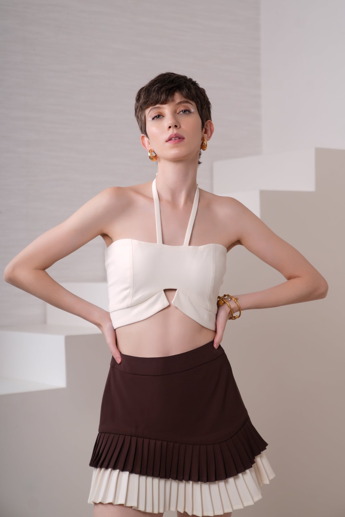 Ivory Halter Bustier Top with Underbust Cut-Out