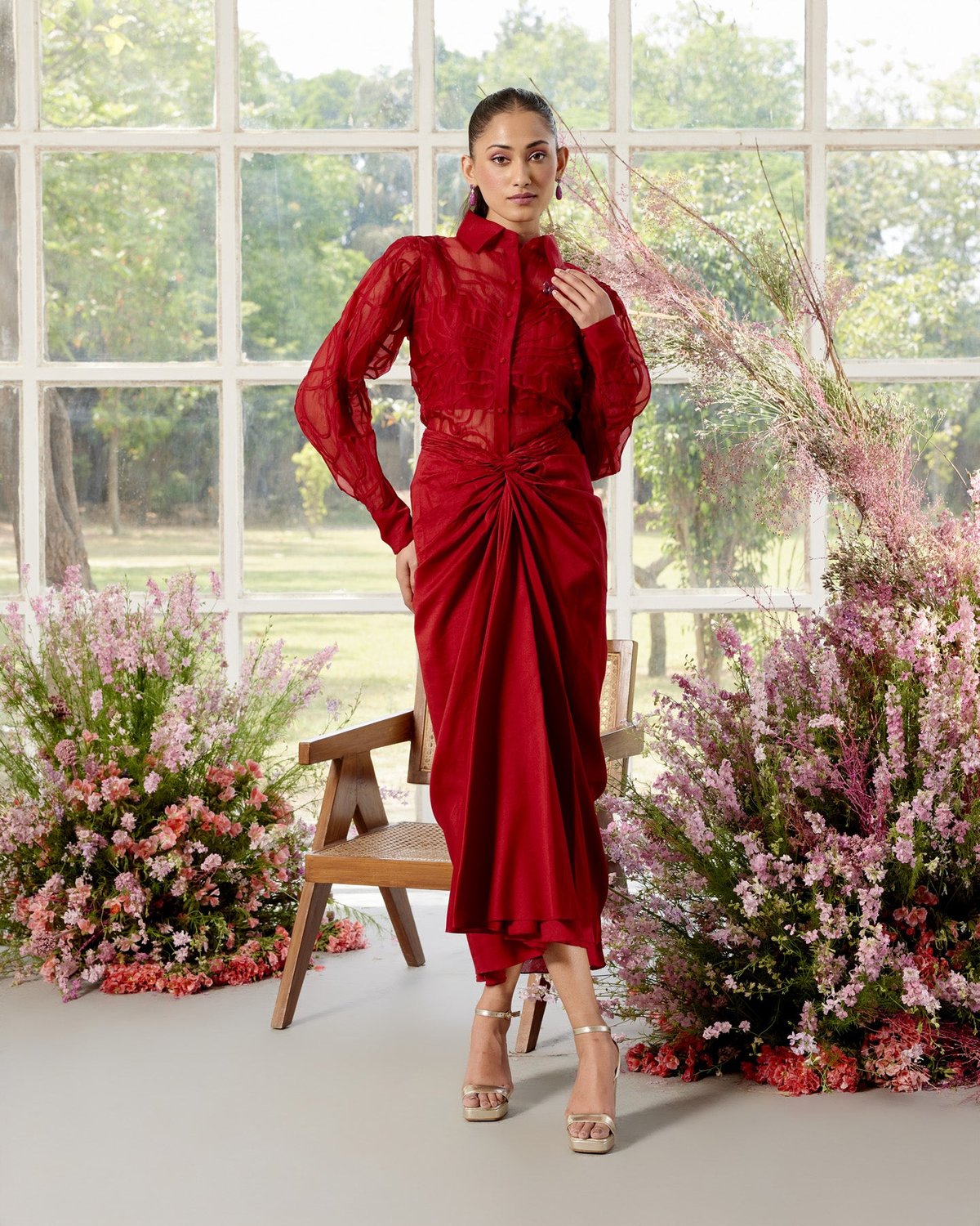 Red Organza Shirt and Draped Midi Skirt Co-ord Set