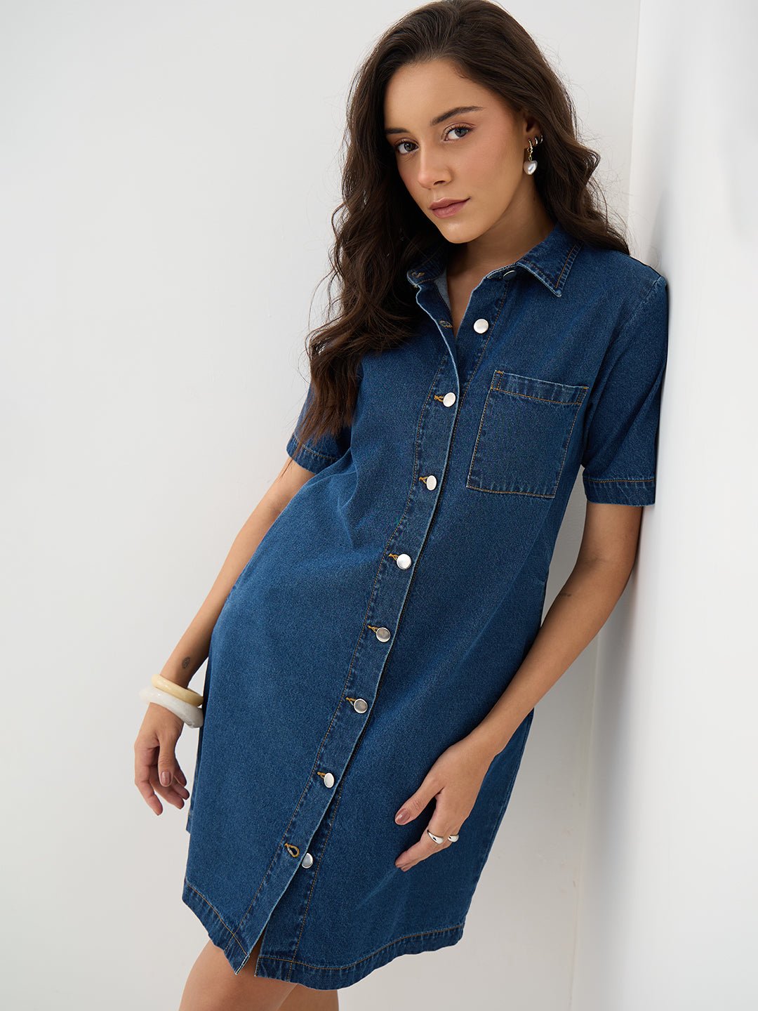 Blue Denim Mini Shirt Dress with Button Front