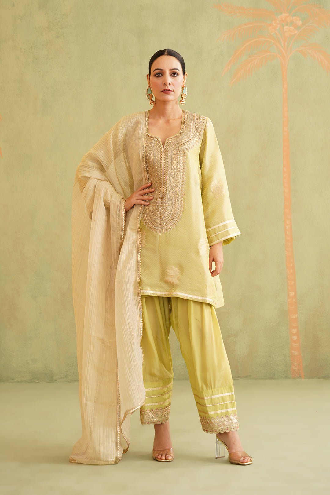 Green Brocade Embroidered Kurta Set with Dupatta