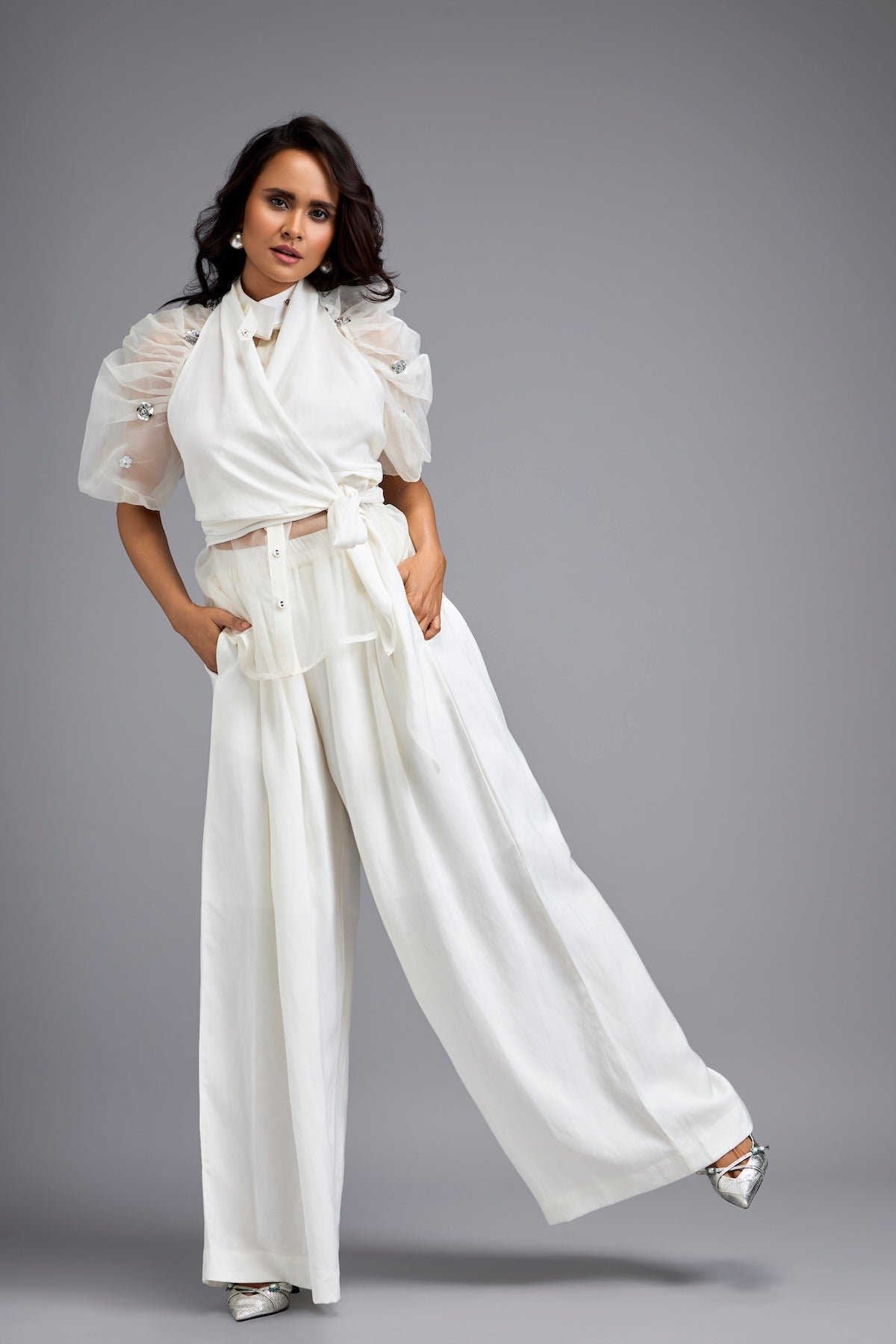 White High-Neck Blouse & Wide-Leg Trousers