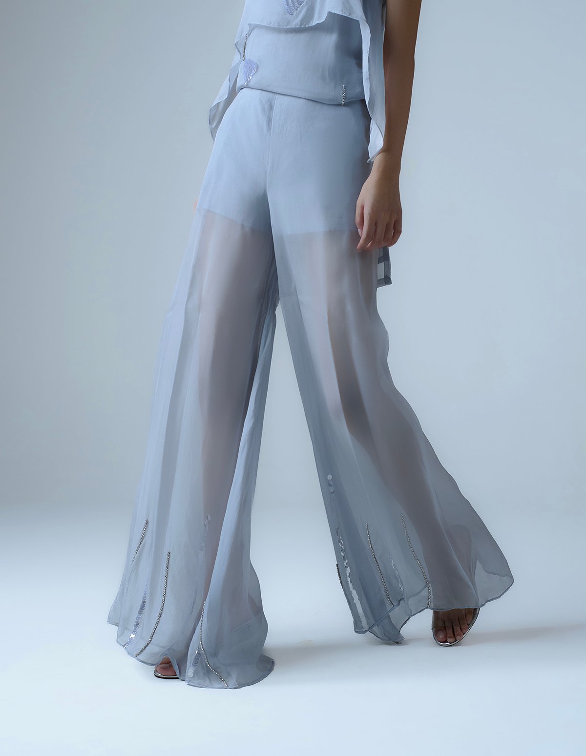 Ice Blue Organza High-Waist Flared Pants with Hem Beadwork