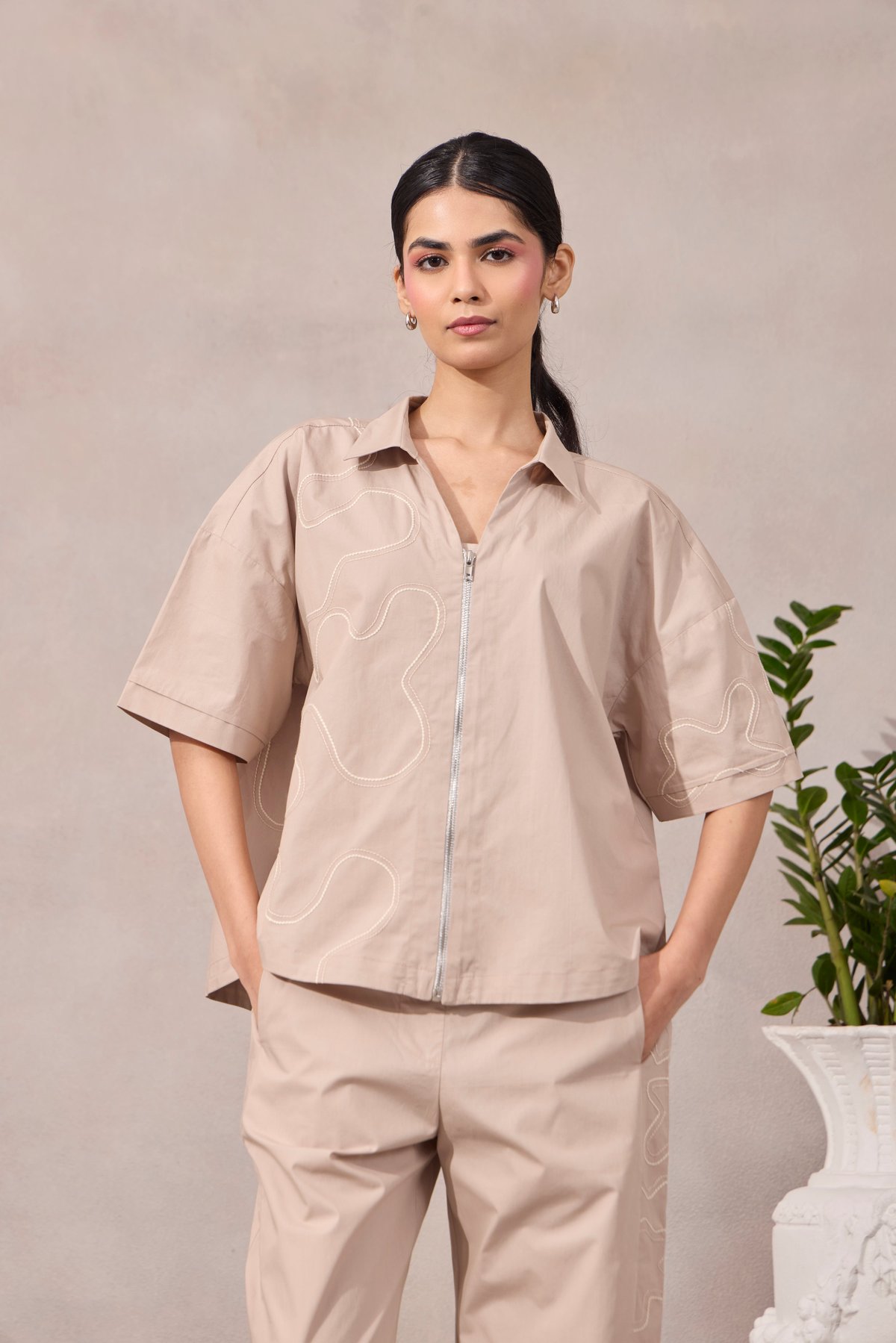 Ginger Beige Cotton Poplin Zip-Front Relaxed Shirt