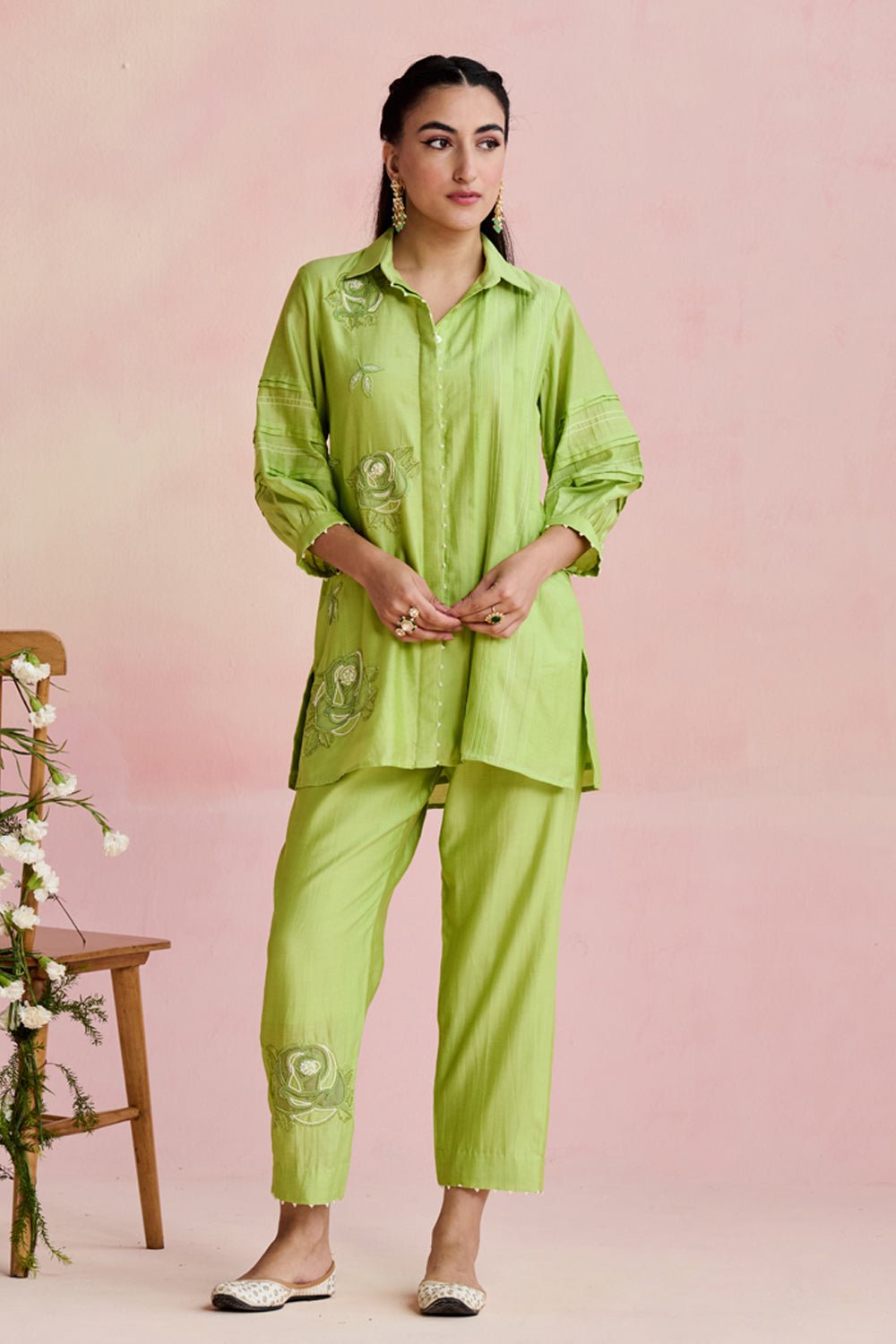 Green Chanderi Embroidered Kurta Set with Pants
