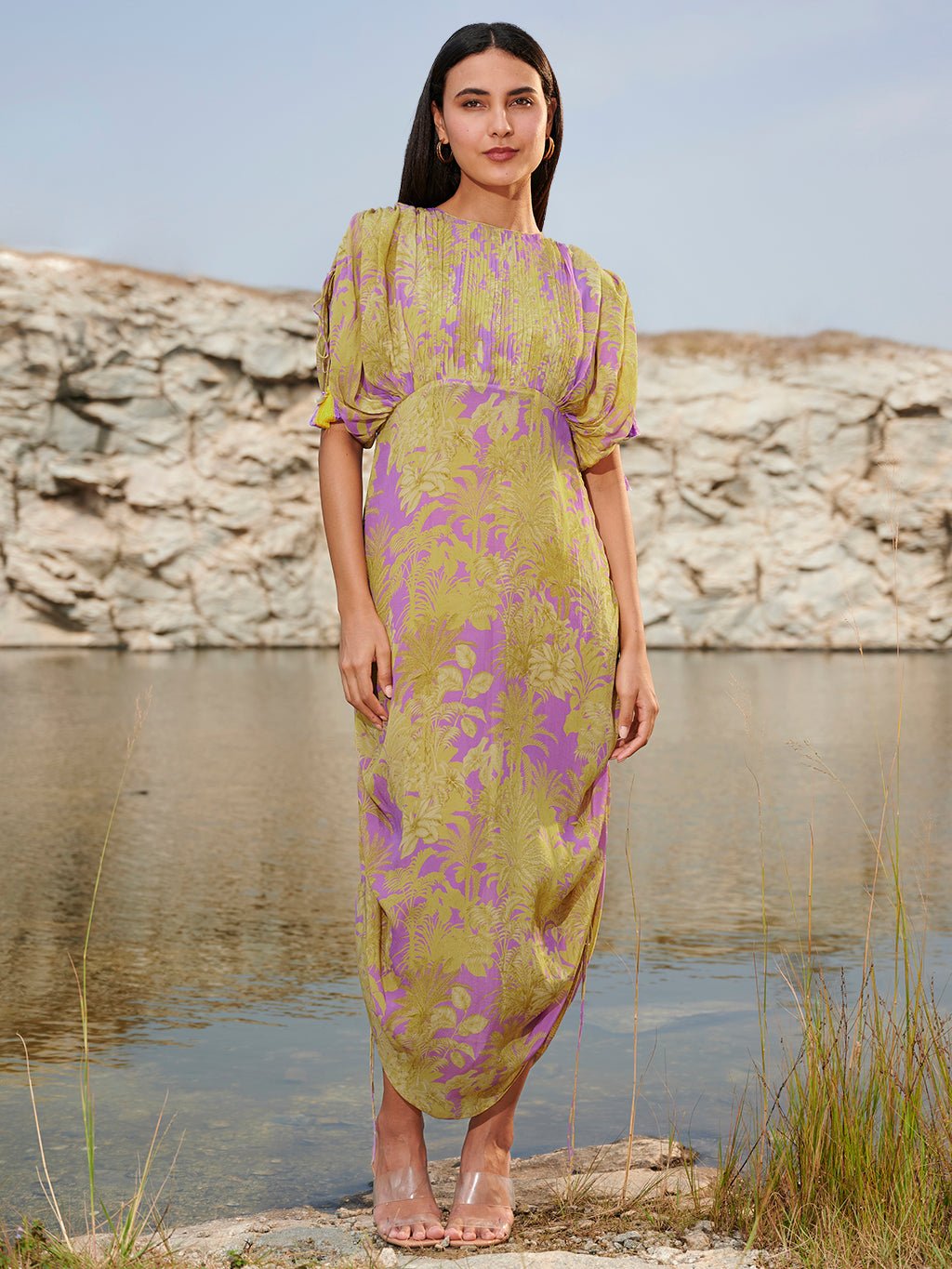 Purple and Yellow Printed Crepe Midi Dress