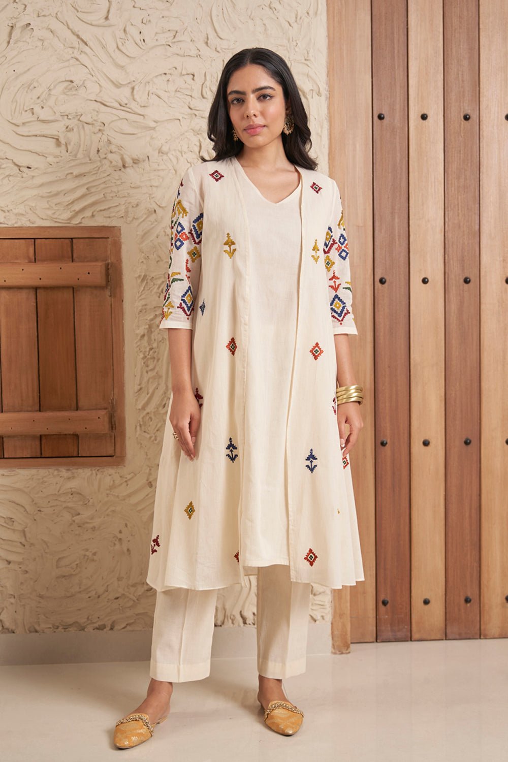 Ivory A-Line Embroidered Kurta Set with Straight Pants