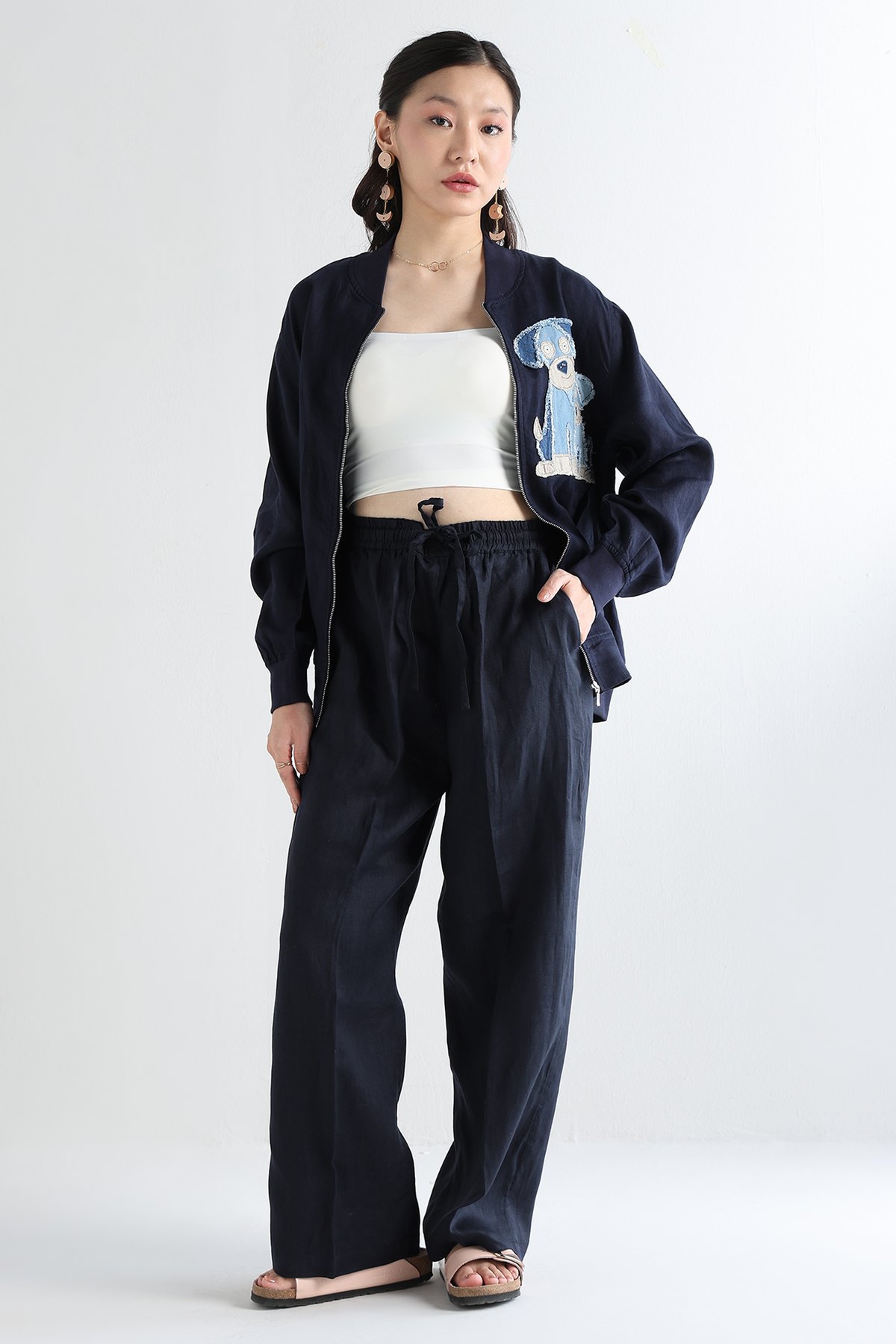 Navy Linen Wide-Leg Drawstring Trousers